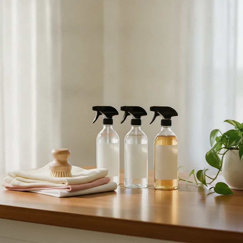 Neatly arranged home cleaning supplies on a warm wood counter