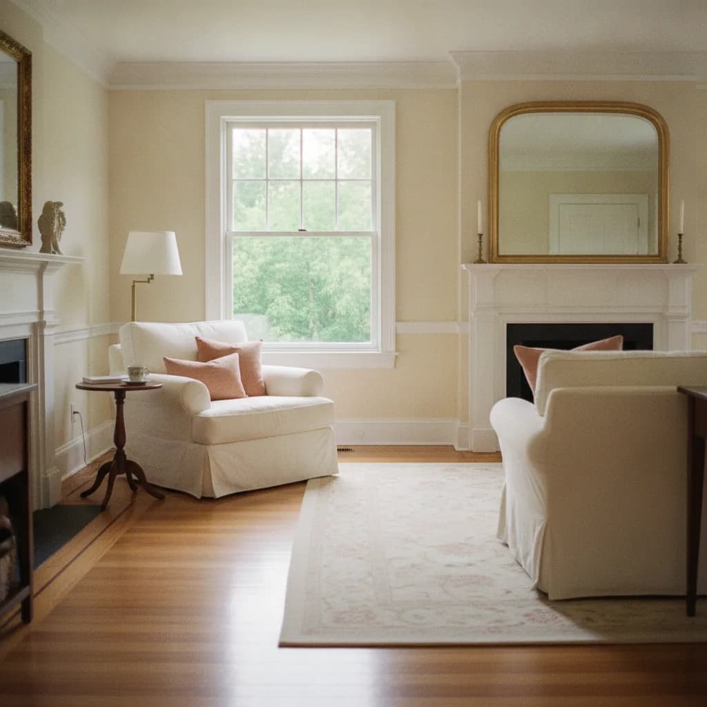 Bright, freshly cleaned living room in a large Main Line home