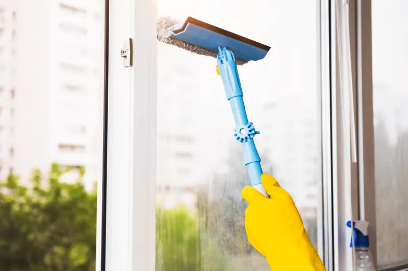 Window being cleaned with a squeegee in a bright condo